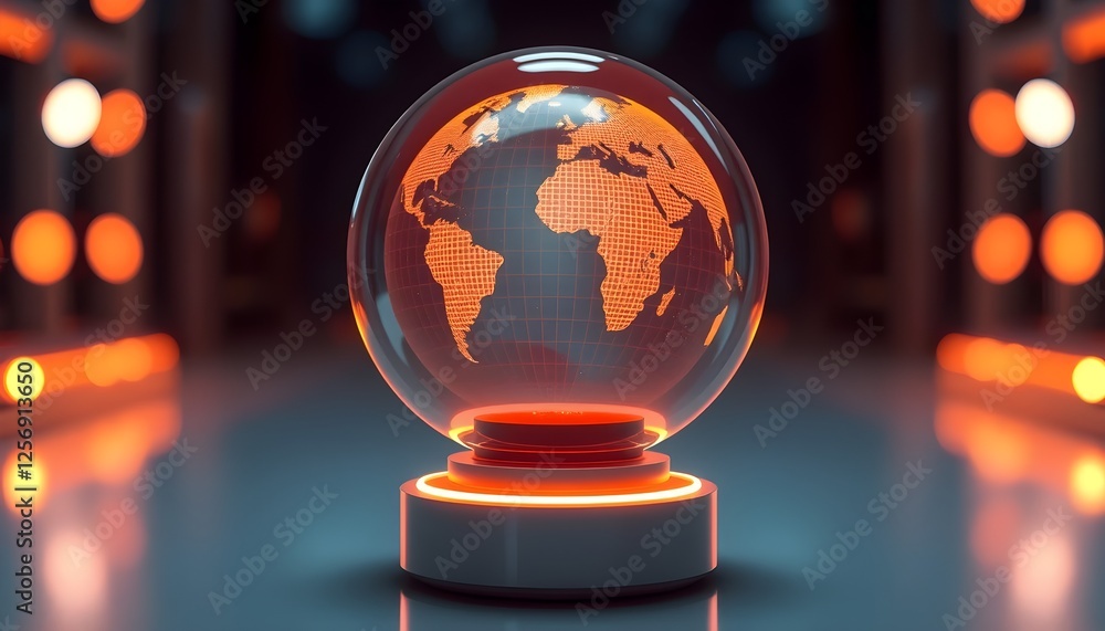 Global Connectivity: Futuristic Globe Display with Digital Map and Glowing Tech Elements Global Connectivity: Futuristic Globe Display with Digital Map and Glowing Tech Elements