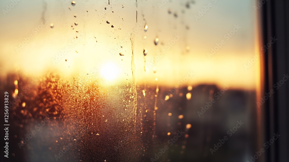 Obraz premium Sunset view with raindrops on a window creating a dreamy atmosphere of tranquility : Generative AI