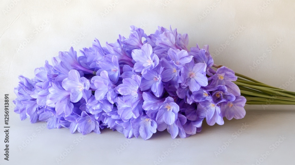 Obraz premium A stunning bouquet of vibrant purple water hyacinthflowers in a long, elegant cluster, beautifully arranged for a decorative corner, with soft natural light highlighting their delicate petals.