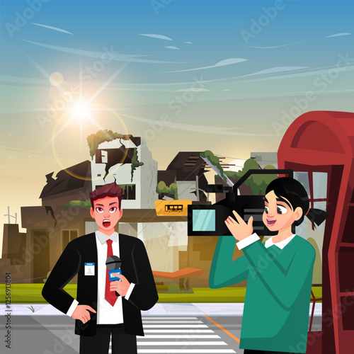 The reporter is interviewing a businessman on the street