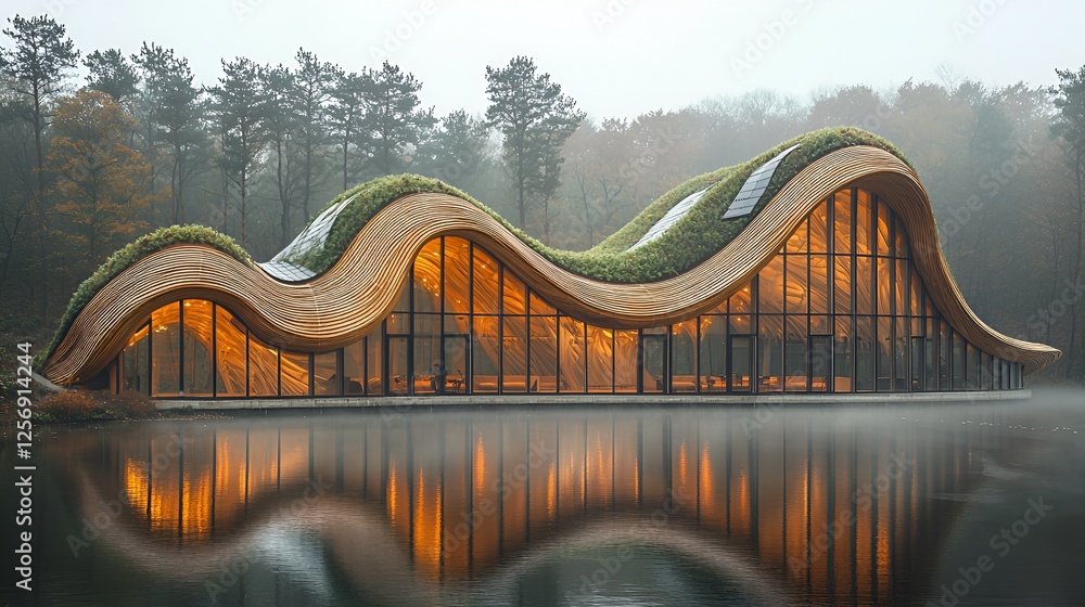 Fototapeta premium Curved eco-building reflects in misty lake, woodland background; architecture