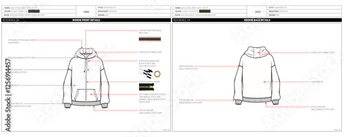 Men's Terry Fleece Zip Through Drop Shoulder Hoodie Fashion Design Technical Tech Pack. 