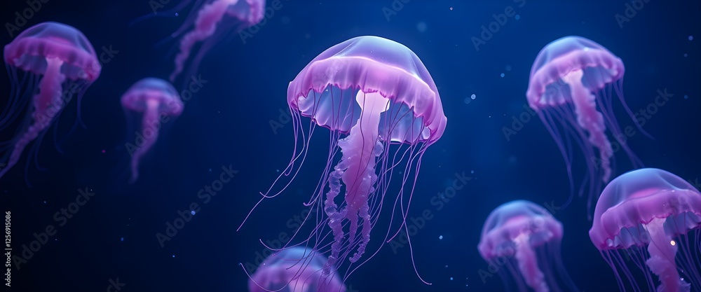Neon Depths: Futuristic Biome with Glowing Jellyfish in a Dark, Ethereal Underwater World Neon Depths: Futuristic Biome with Glowing Jellyfish in a Dark, Ethereal Underwater World