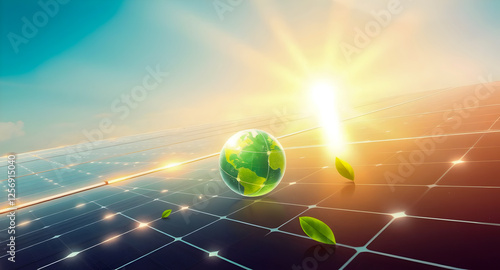 Green Energy, Sustainable Future Earth on Solar Panels.