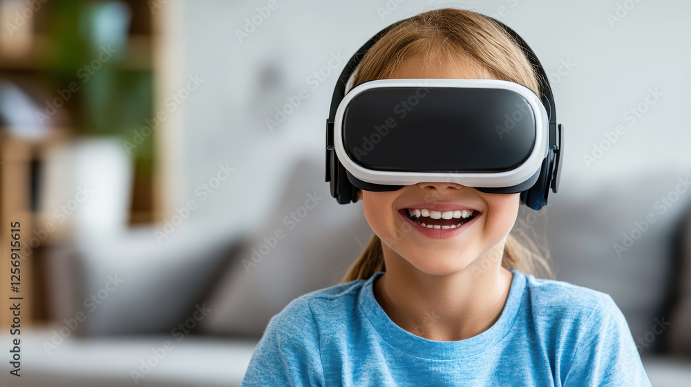 joyful girl wearing VR headset, immersed in digital experience joyful girl wearing VR headset, immersed in digital experience