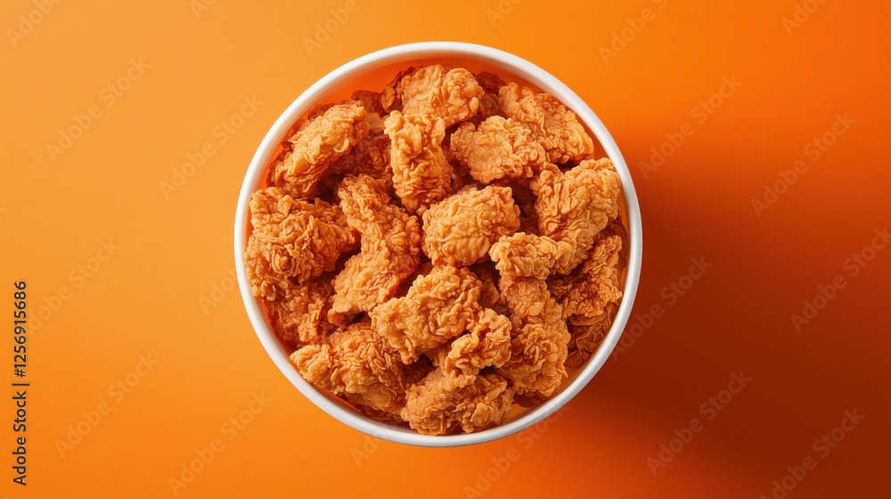 A bucket filled with crispy golden fried chicken, showcasing its crunchy texture. Perfect for fast food ads. Top view, highly detailed. A bucket filled with crispy golden fried chicken, showcasing its crunchy texture. Perfect for fast food ads. Top view, highly detailed.