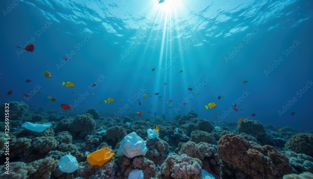 Naklejka premium Underwater Scene With Colorful Fish and Plastic Waste Pollution