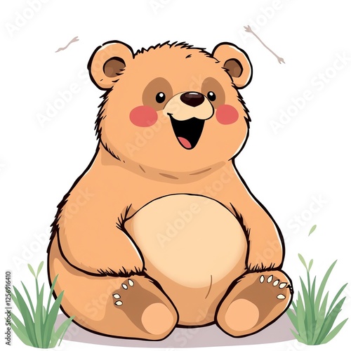 an image of a cartoon bear sitting on the ground, there is a cartoon bear sitting on the ground with grass photo