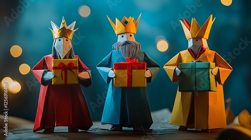 Three wise men origami figures with gifts, festive, Christmas background. Possible use Stock photo for holiday designs