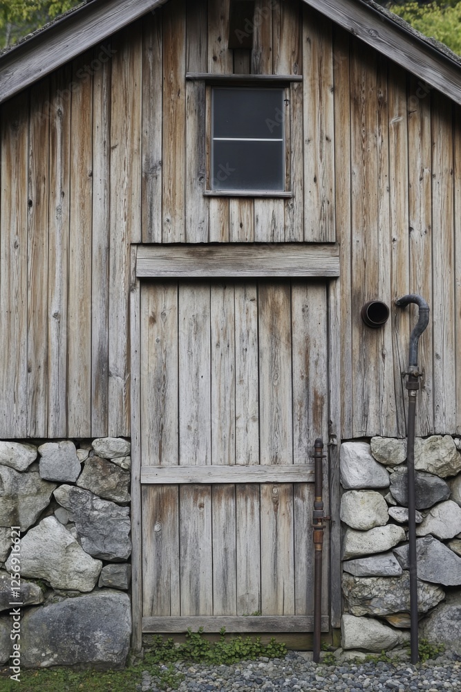 Rustic wooden cabin with stone foundation and small window in rural setting, surrounded by greenery and featuring an aged door and pipe Rustic wooden cabin with stone foundation and small window in rural setting, surrounded by greenery and featuring an aged door and pipe