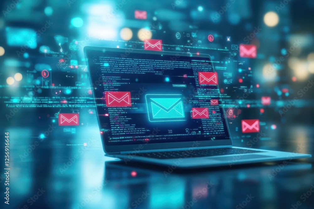 Laptop displaying multiple email icons on the screen representing digital communication and connectivity Laptop displaying multiple email icons on the screen representing digital communication and connectivity