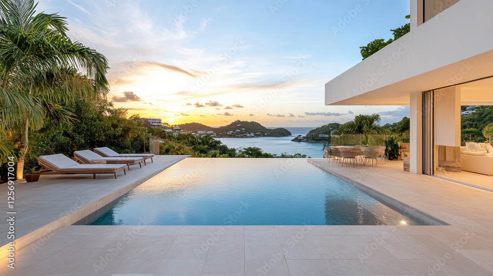 Fototapeta premium luxurious infinity pool overlooking tranquil ocean at sunset