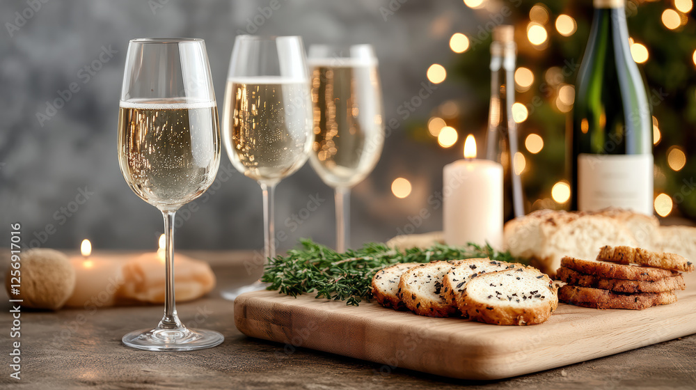 Elegant New Year dinner with sparkling wine, bread, and snacks Elegant New Year dinner with sparkling wine, bread, and snacks