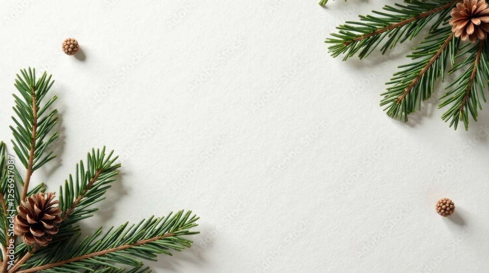 Winter Holiday Background Featuring Pine Branches and Cones on a White Surface Winter Holiday Background Featuring Pine Branches and Cones on a White Surface