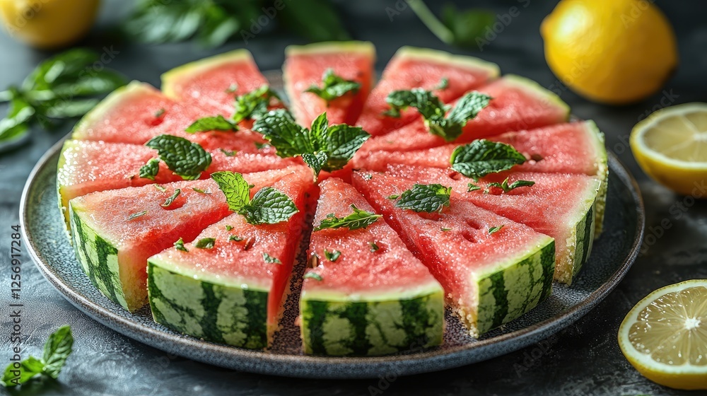 Freshly cut watermelon slices garnished with mint leaves and lemon, set on a dark textured surface Freshly cut watermelon slices garnished with mint leaves and lemon, set on a dark textured surface
