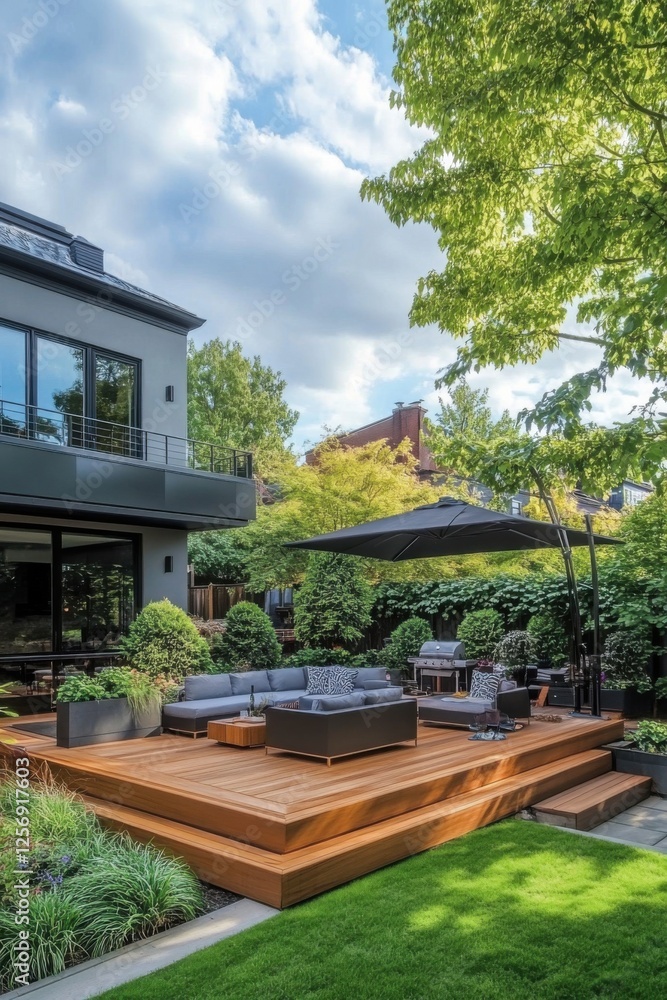 Beautiful outdoor living space decorated with modern furniture surrounded by greenery during a sunny afternoon in a residential backyard