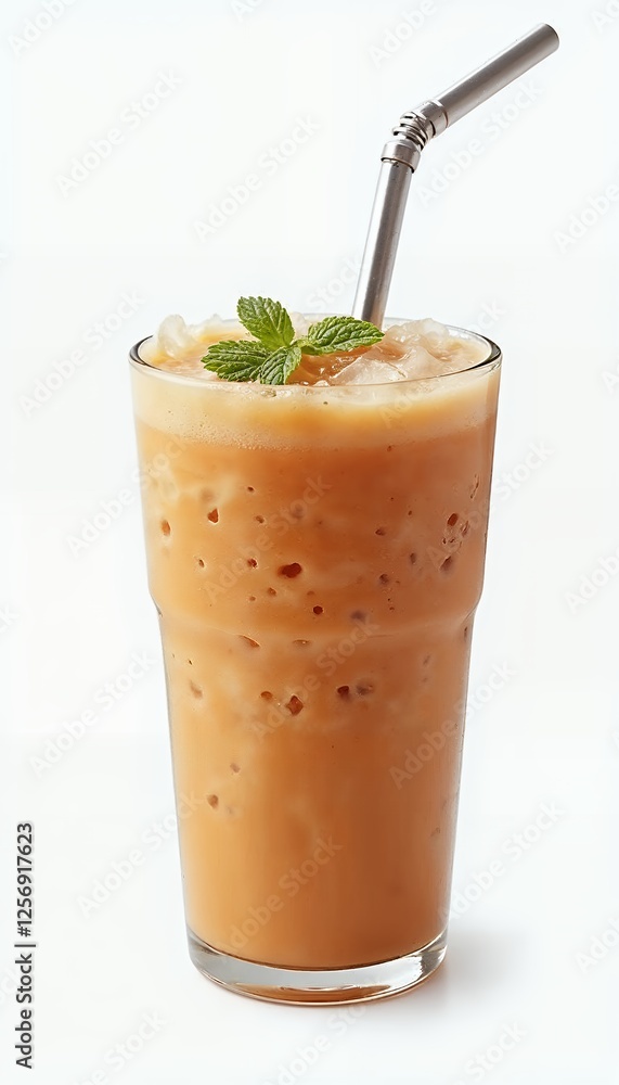 Tall drink in front of a white background with a glass full of frozen smoothie styled with a metal straw and garnishes Tall drink in front of a white background with a glass full of frozen smoothie styled with a metal straw and garnishes