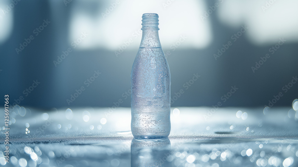 A frosted glass bottle of sparkling water, the liquid sparkling under bright light, isolated on a white background A frosted glass bottle of sparkling water, the liquid sparkling under bright light, isolated on a white background