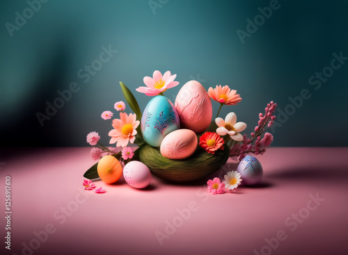 Colorful painted eggs are nestled in a green nest, surrounded by pink and white flowers. A vibrant spring decoration on a pink surface with a teal backdrop. photo