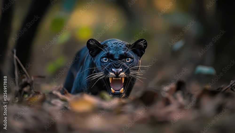 Fototapeta premium Black Panther's Furious Roar: Wildcat's Aggressive Display in Forest Habitat, Showing Fangs and Claws