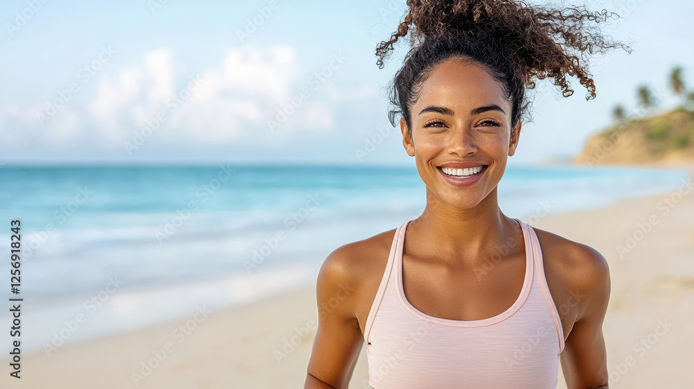 joyful woman with playful smile running along beach joyful woman with playful smile running along beach