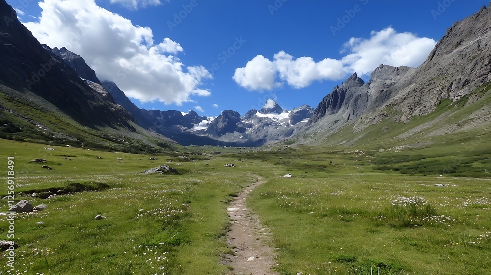 Majestic Mountain Valley with a Winding Path Surrounded by Tall Peaks Under a Blue Sky : Generative AI Majestic Mountain Valley with a Winding Path Surrounded by Tall Peaks Under a Blue Sky : Generative AI