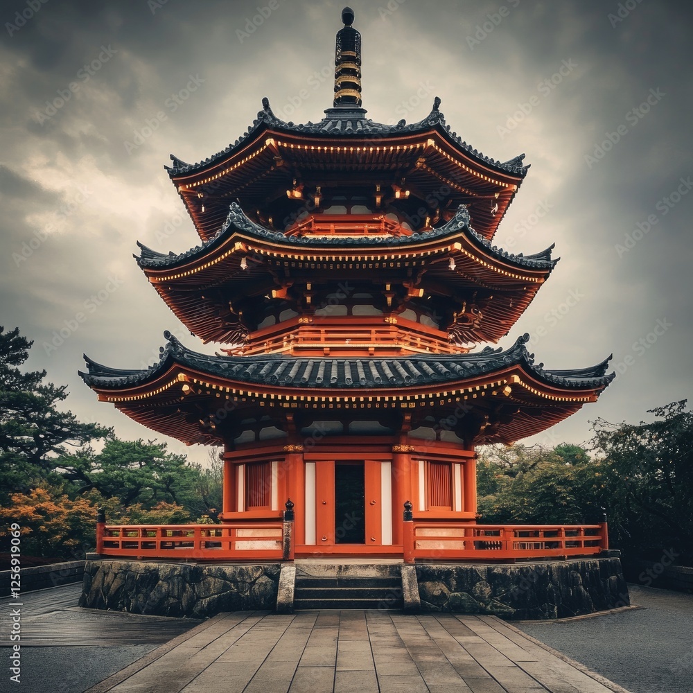a traditional Japanese pagoda, showcasing its intricate, multi-tiered roof with elegant upward curves. The red and gold accents gleam under a moody, overcast sky, while soft ambient lighting enhances a traditional Japanese pagoda, showcasing its intricate, multi-tiered roof with elegant upward curves. The red and gold accents gleam under a moody, overcast sky, while soft ambient lighting enhances