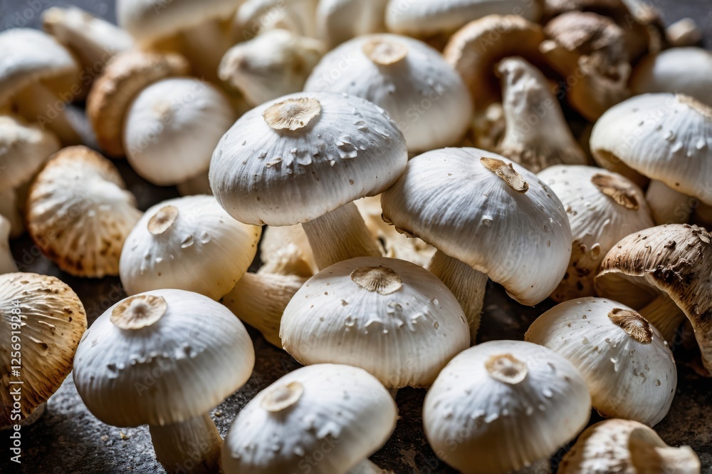 Fresh white mushrooms gathered on a rustic table ready for culinary use in various dishes Fresh white mushrooms gathered on a rustic table ready for culinary use in various dishes