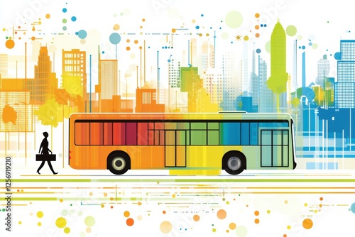 Urban Cityscape with Colorful Bus and Silhouette of Man Walking