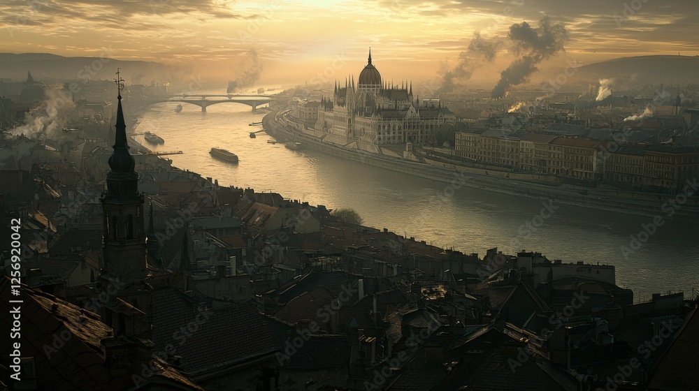 Fototapeta premium Serene Sunset Over the Danube River with Iconic Parliament Building and Urban Landscape in Budapest, Hungary