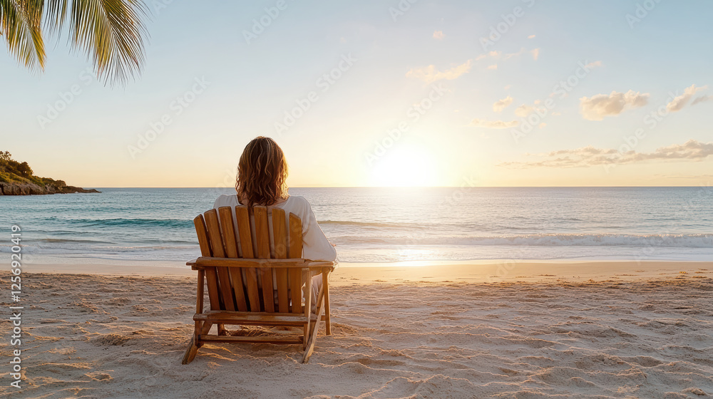 Fototapeta premium Relaxing woman on beach chair watching sunset over ocean waves