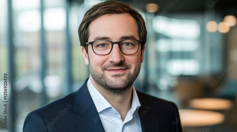 Fototapeta premium Portrait of a smiling man wearing glasses and a suit.