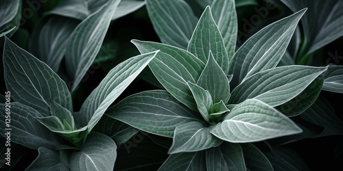 Closeup macro of exotic sage green tropical jungle leaf with veins texture , stylized earthy moody natural background with copy space