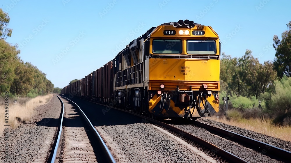 Obraz premium Freight train transporting cargo swiftly along a railway track surrounded by lush greenery : Generative AI