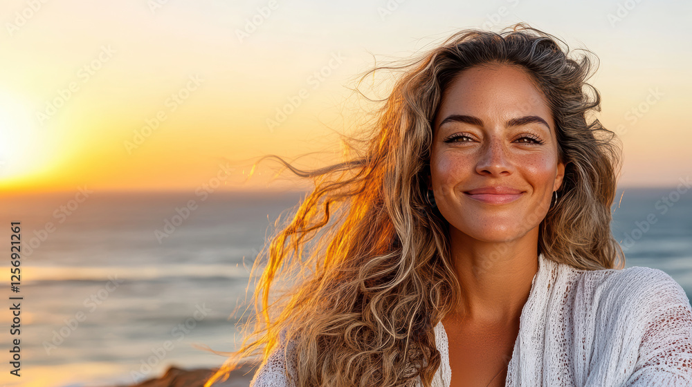 woman with curly hair smiles against sunset backdrop by ocean woman with curly hair smiles against sunset backdrop by ocean