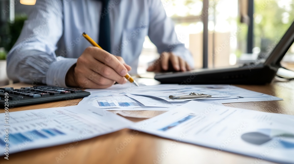 Professional male analyzing financial reports and data on a desk with calculator and laptop in a bright office environment : Generative AI Professional male analyzing financial reports and data on a desk with calculator and laptop in a bright office environment : Generative AI