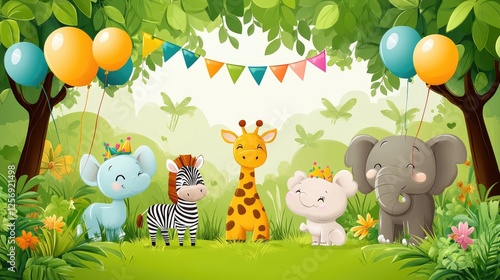 Colorful cartoon animals celebrating a birthday in a vibrant forest with balloons and banners