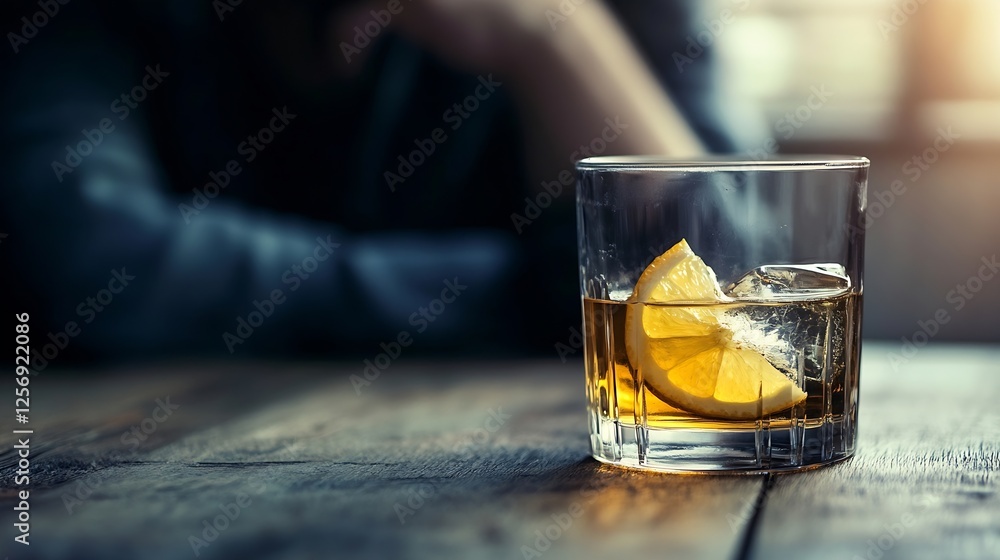 A refreshing glass of whiskey with lemon slice and ice on wooden table illuminated by soft light : Generative AI A refreshing glass of whiskey with lemon slice and ice on wooden table illuminated by soft light : Generative AI