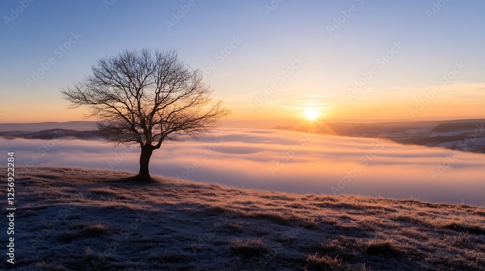 Beautiful landscape featuring a solitary tree against a backdrop of fog and a stunning sunrise : Generative AI Beautiful landscape featuring a solitary tree against a backdrop of fog and a stunning sunrise : Generative AI