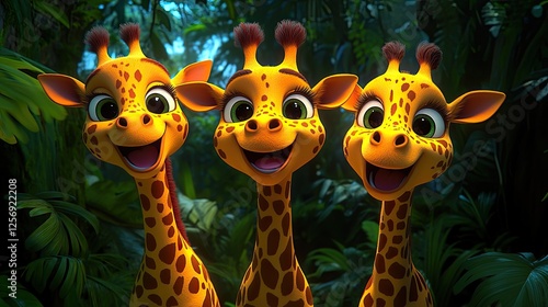 Three cheerful animated giraffes smiling in a lush jungle, surrounded by vibrant foliage