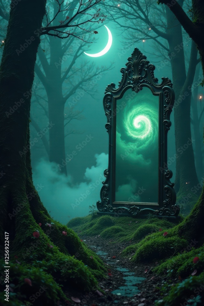Obraz premium Enchanted Forest Path Leading to a Mystical Ornate Mirror Reflecting a Glowing Spiral Nebula Under a Crescent Moon