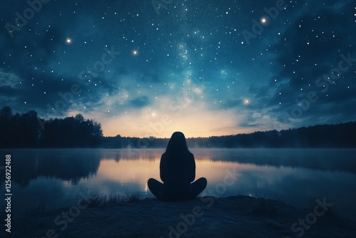 Fototapeta Naklejka Na Ścianę i Meble -  Woman meditating by lake under starry sky