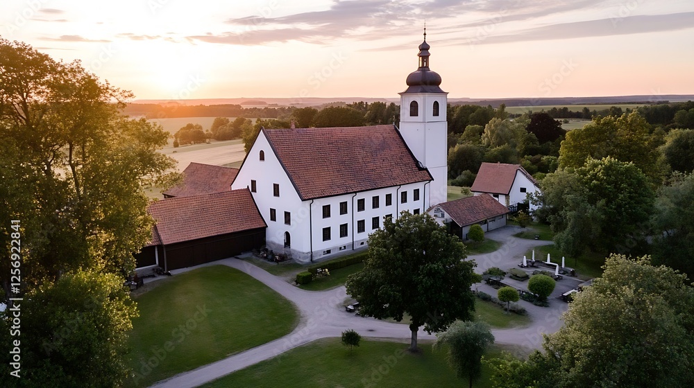 Naklejka premium Aerial view of a quaint white church surrounded by greenery and colorful fields under a sunset sky : Generative AI