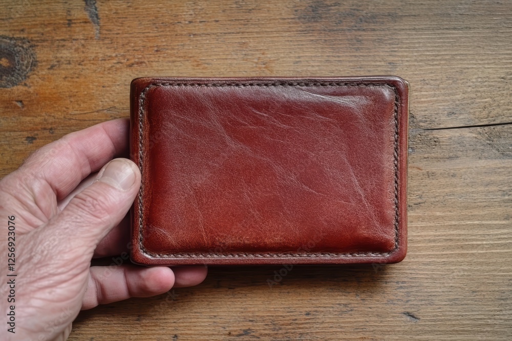 Hand Holding Classic Brown Leather Wallet on Wooden Surface Hand Holding Classic Brown Leather Wallet on Wooden Surface