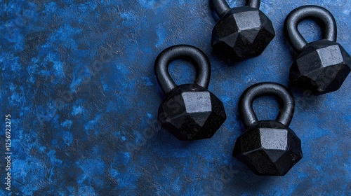 Four kettlebells on blue background; fitness, workout, strength, gym photo