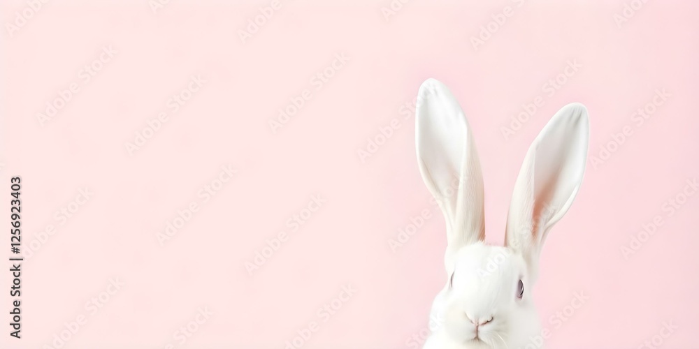 Obraz premium Happy Easter White rabbit with light soft pink painted isolated pastel pink background, White rabbi ,soft pink background, copy space, Happy Easter,Easter minimalism .