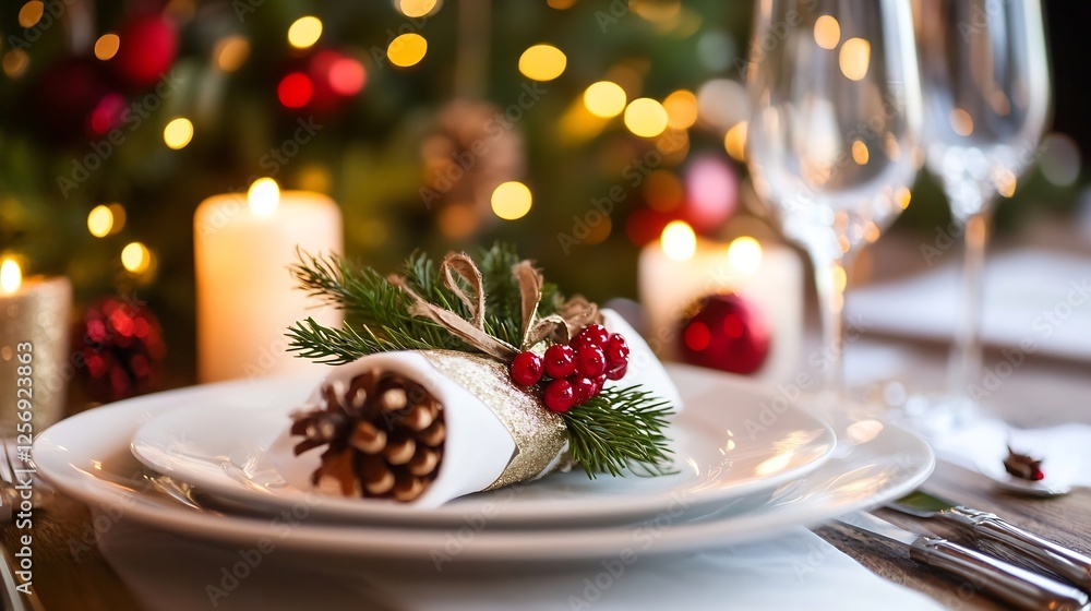 Festively arranged dinner table with Christmas decorations and a beautiful napkin holder : Generative AI Festively arranged dinner table with Christmas decorations and a beautiful napkin holder : Generative AI