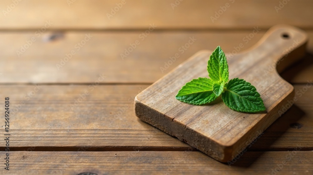 Rustic Wooden Cutting Board with Fresh Mint Sprig, a Culinary Still Life Featuring Natural Textures and Vibrant Green Foliage Rustic Wooden Cutting Board with Fresh Mint Sprig, a Culinary Still Life Featuring Natural Textures and Vibrant Green Foliage