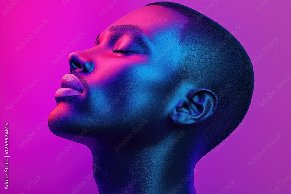 Person's face glows in pink and blue neon lights with a tranquil and meditative expression. Person's face glows in pink and blue neon lights with a tranquil and meditative expression.