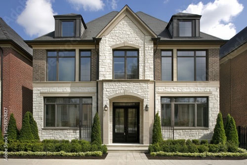 Wallpaper Mural Modern two-story home with elegant stone facade and well-maintained landscaping located in a suburban neighborhood during a sunny day Torontodigital.ca